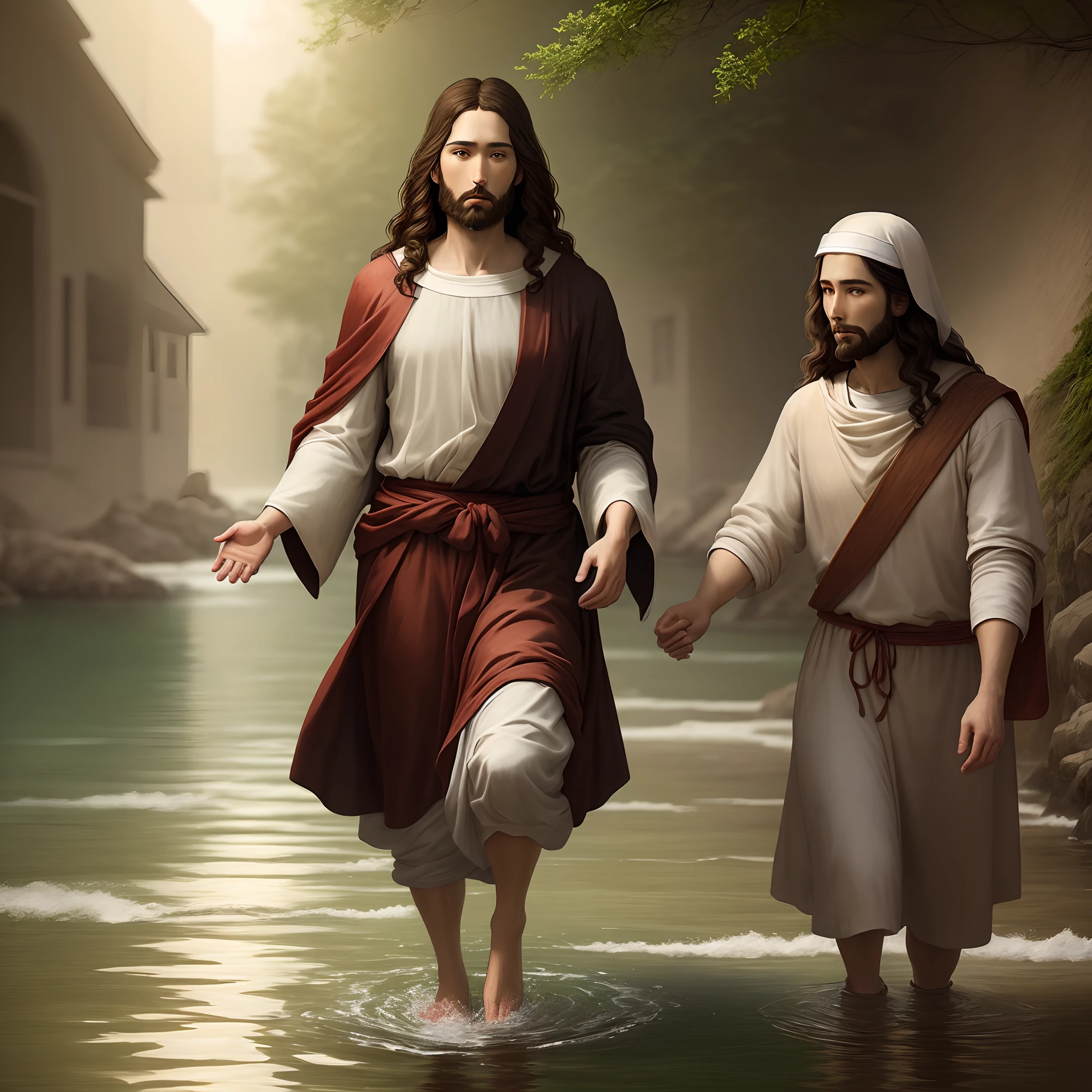 Create a realistic image of Jesus walking on water