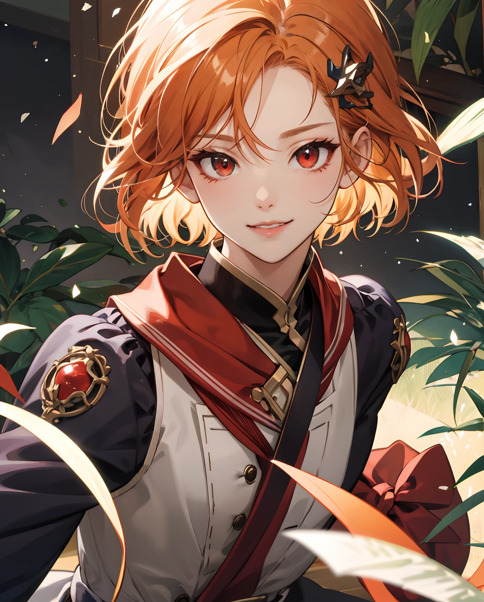 ​masterpiece、top-quality、超A high resolution、2D Beautiful Girl、animesque、teens girl、Orange hair、short-haired、Corner hair ornament、Beautiful red eyes、The clothes are also depicted in detail、Eyes are depicted in detail、The face is depicted in detail、sorcerer、soio、Gentle smile、hair adornments、animesque、illustratio