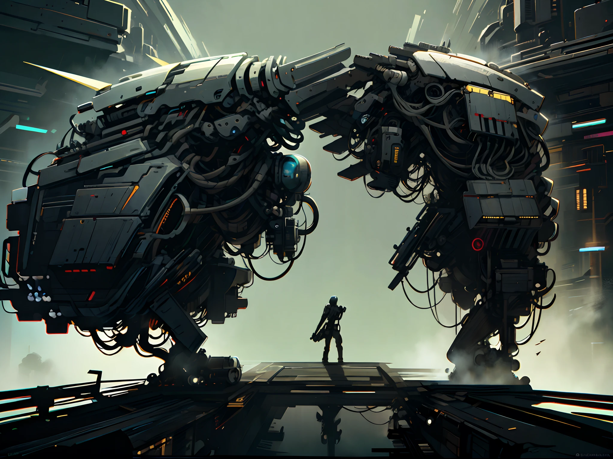 Humans piloting machines are fighting each other with weapons