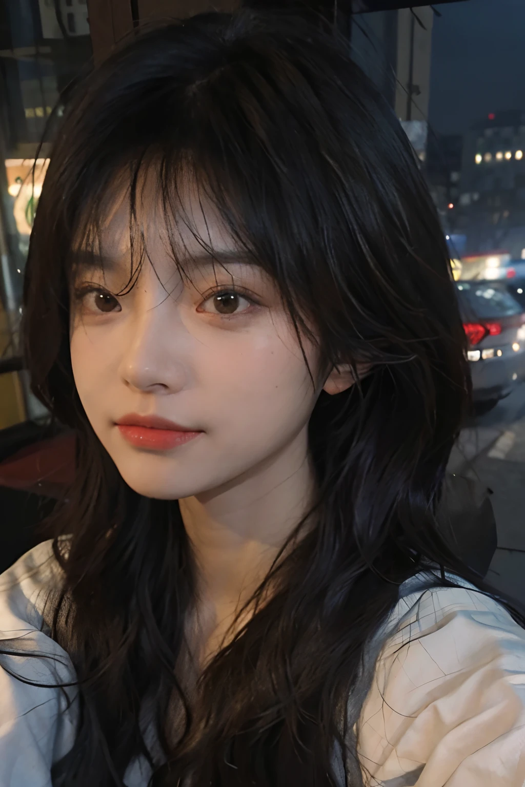 Best quality, masterpiece,..night,.city,..1girl,.(Authentic skin texture:1.3),.close-up,.face focus,.upper body,.selfie,..