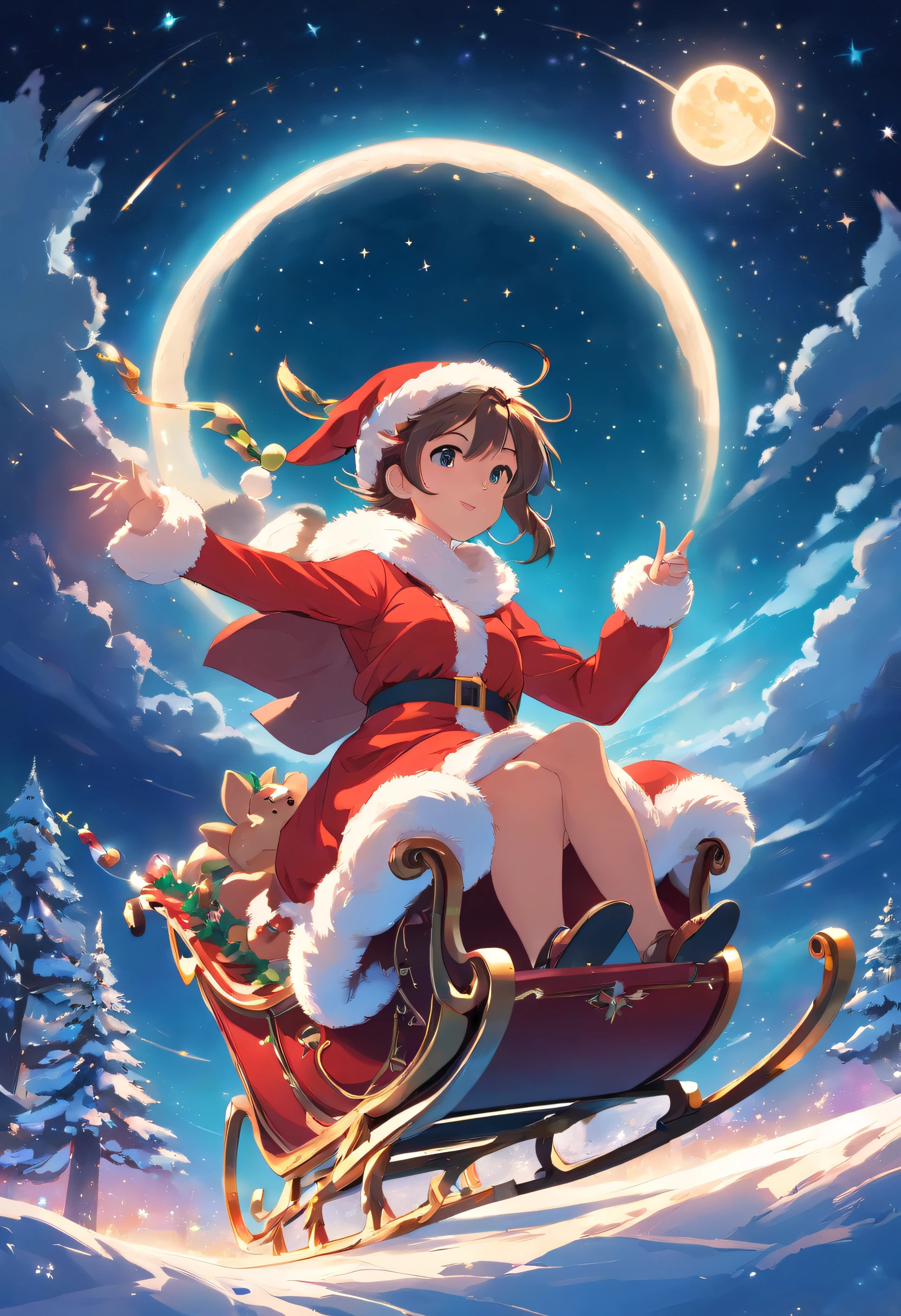 wearing Santa's outfit, riding a sleigh, reindeer, floating in the sky, a round moon, starry sky, shooting star, Christmas.、Zoom to Hatsune Miku