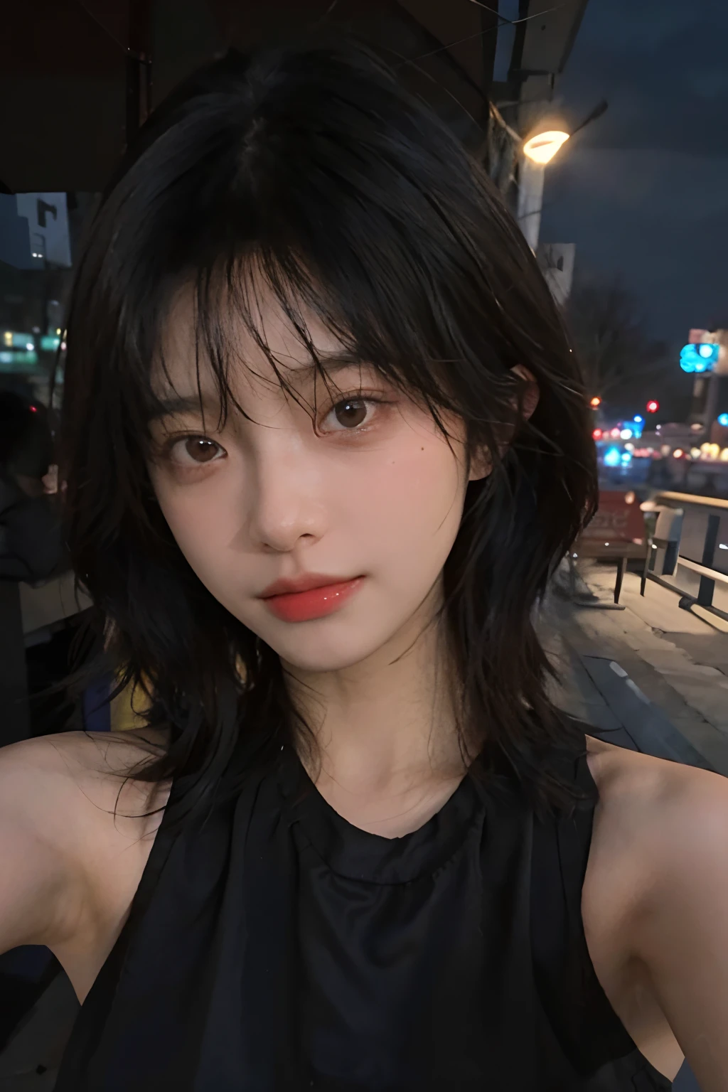 Best quality, masterpiece,..night,.city,..1girl,.(Authentic skin texture:1.3),.close-up,.face focus,.upper body,.selfie,..