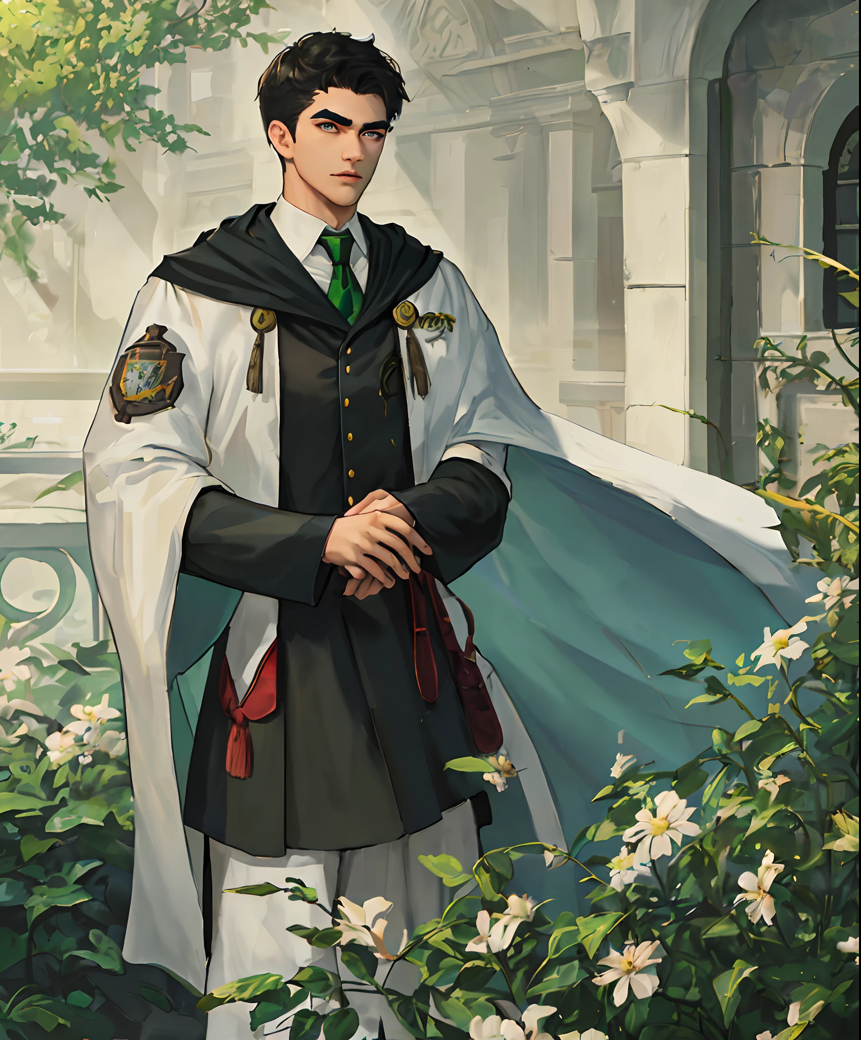 (absurdres, highres, ultra detailed), (1 male, solo, teenager, tall muscular guy, broad shoulders, handsome), black hair, blue eyes, (angular jaw, thick neck, thick eyebrows), BREAK, best light and shadow, detasiled sunlight, standing, dappled sunlight, day, plants, light tan skin, depth of field, extremely detailed face, cowboy shot, Slytherin student, dressed in wizarding robes, hogwart background from harry potter