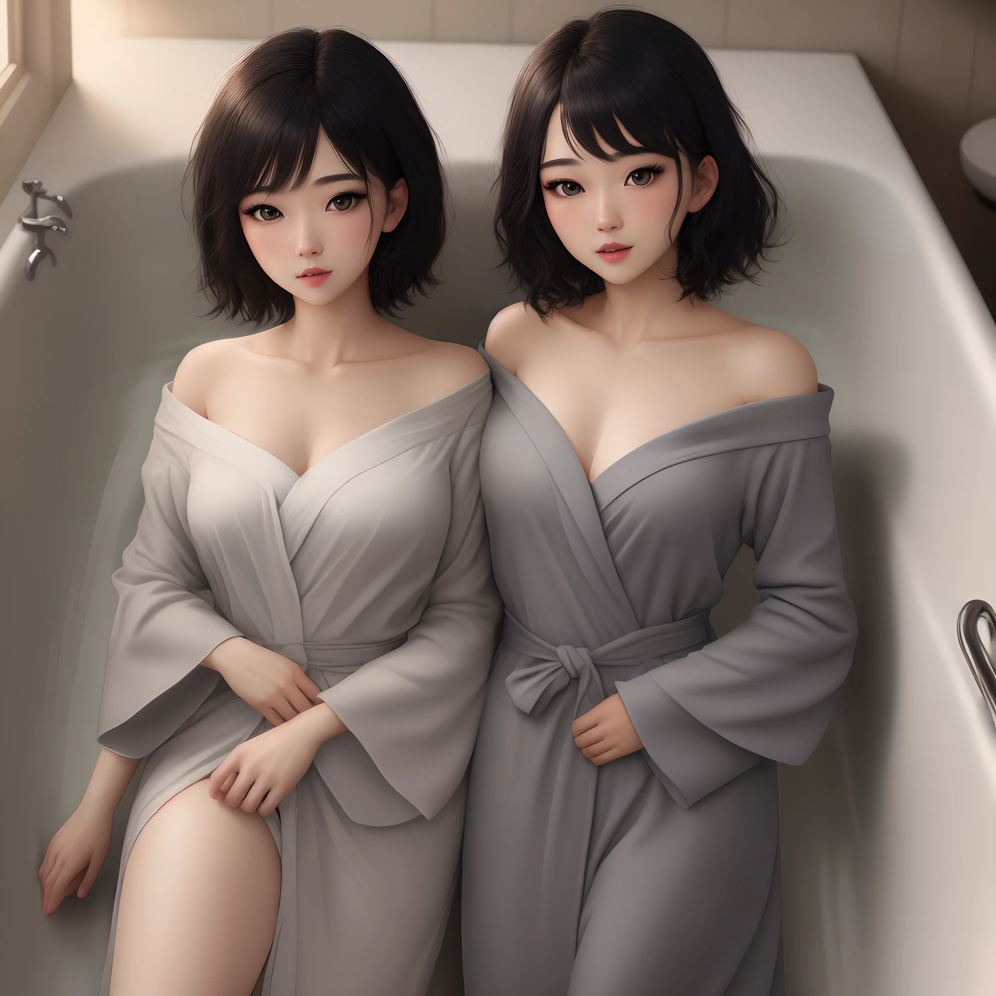 Highly detailed CG Unity 8k wallpaper, of the highest quality, super detailed, masutepiece, Realistic, Photorealistic, extremely detailed cute girl, 25 years old, ((Black hair: 1.4)), ((Dyed black)), (Gal), Round eyes, viewer, blush, Parted lips, Semi-body shot, (bath robe) , bed , all-fours ,Short hair, Ria_Sunda、Niso