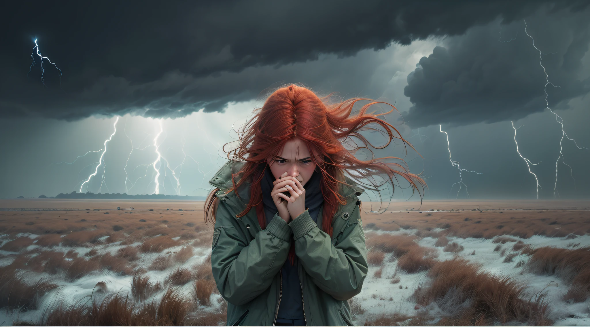 Red-haired girl in the middle of a huge field, hurricane, tornado. The girl was struck by lightning, wet skin, drops, despair, Frozen, dread