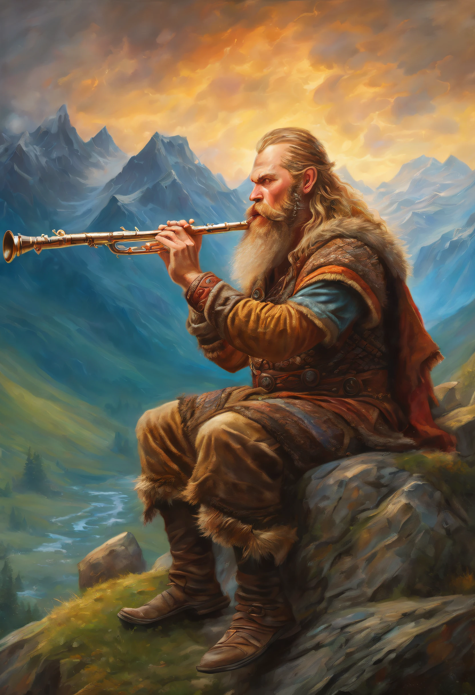 (a bearded, bearded viking playing a magical flute),oil painting, rich texture, detailed texture of the beard, majestic mountains in the background, mystical atmosphere, vibrant colors, soft lighting, best quality, ultra-detailed, realistic, fantasy, enchanting music, ancient instrument, powerful aura, ancient runes, flowing cloak, epic scene