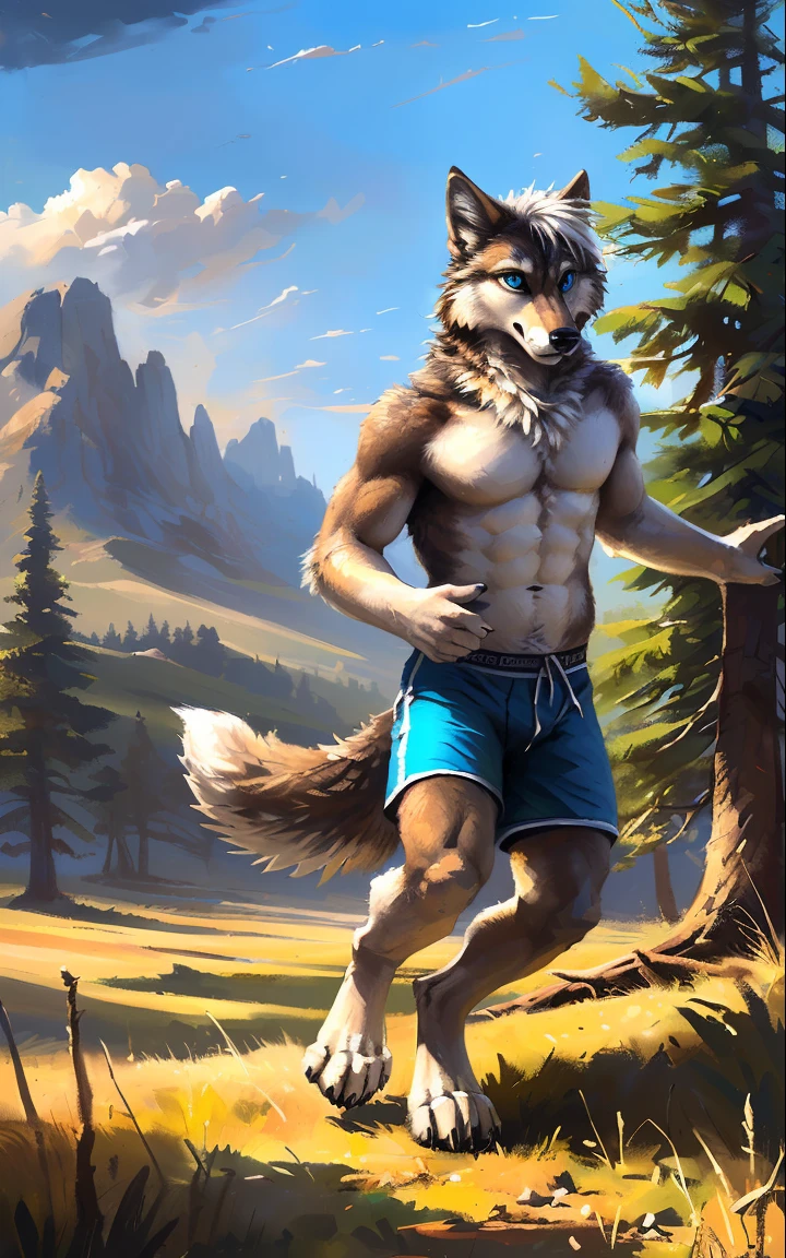 ((Solo)), male people, anthro wolf, (Multi-colored fur, White-brown:1.3，White tail pointed), (Height 2.1m,Tail length 1.2m), ((Wolf face, White hair, Big eyes, White eyelids, Blue pupil:1.2) (Tough, Calm expression:1.2)), Robust, Abs, pinging)), (Correct anatomy), (Work shorts:1.1), The upper body is naked, (detailed outfits),A long big tail，Feet，(Realistic fur, Detailed fur texture, labeled:1.3)), (Natural lighting), Photorealistic, Hyperrealistic, ultradetailed, by Kenket，Endless grasslands，There are no trees，There are no big stones，No artificiality，erect through，Running on