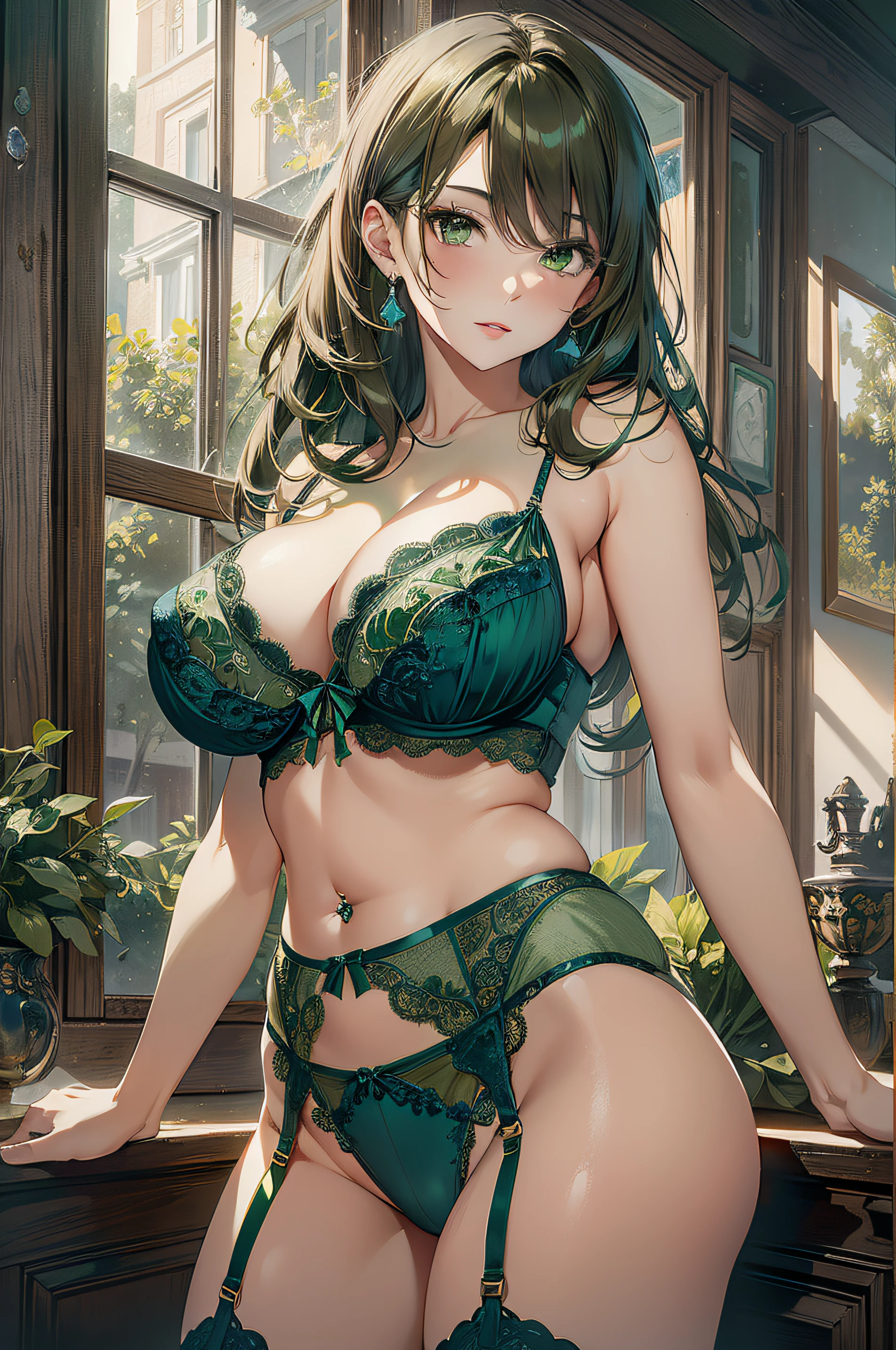 absurd, 8K, high resolution, ultra-detailed, beautiful, masterpiece, best quality, very pretty woman, young, very pretty woman, sexy, (Blue and green lingerie:1.5), orange eyes, brown hair, navel piercing, sexy , detailed female face, very attractive, (very large breasts:1.3)