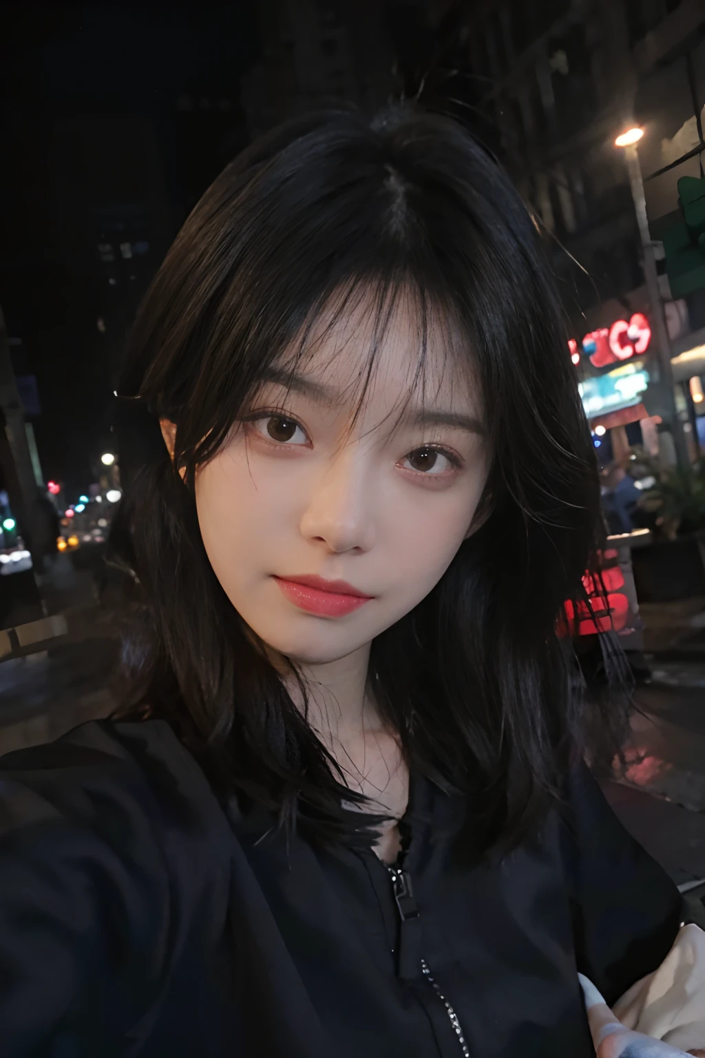 Best quality, masterpiece,..night,.city,..1girl,.(Authentic skin texture:1.3),.close-up,.face focus,.upper body,.selfie,..