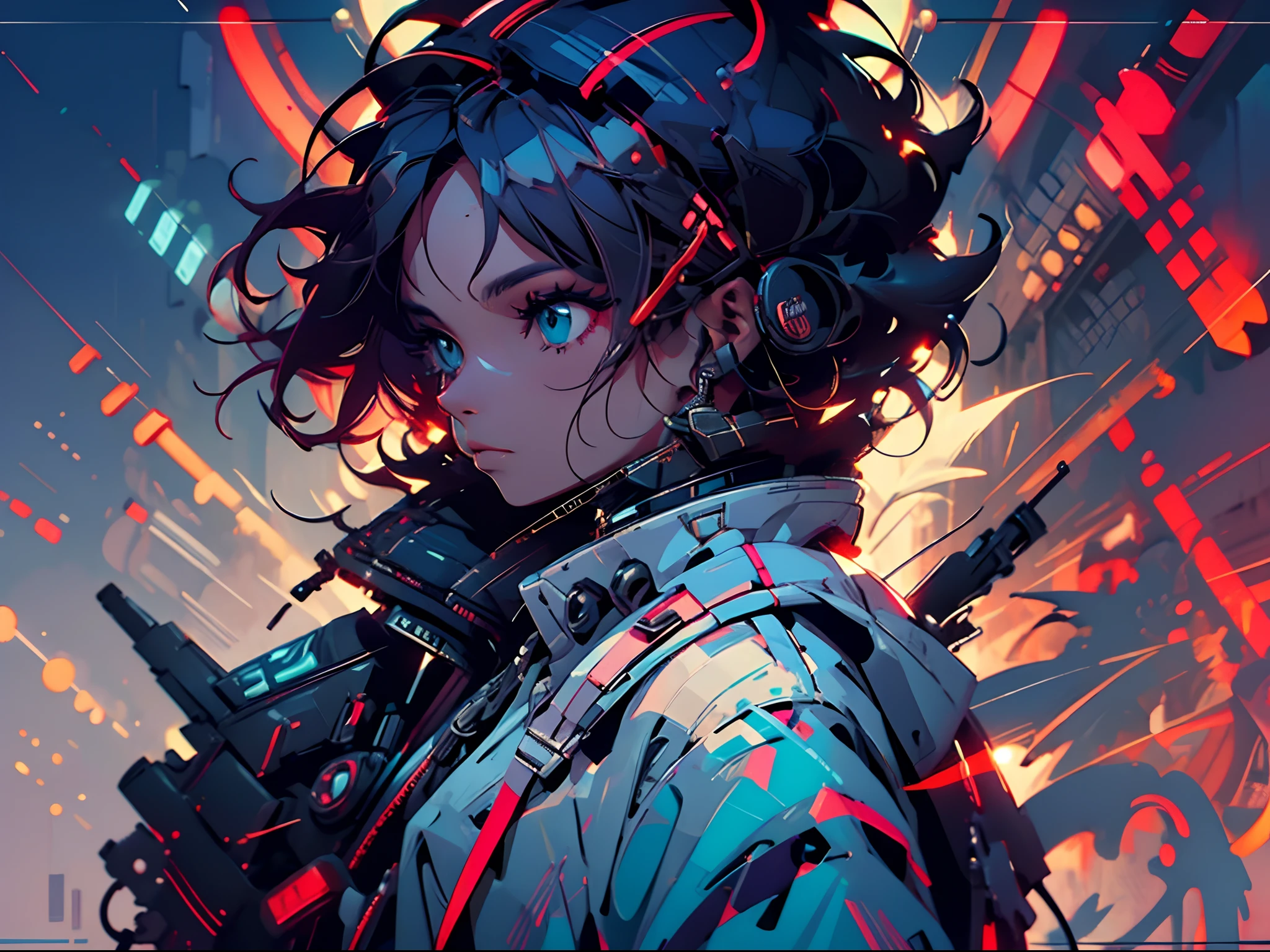 Mechanically dressed black and white-haired girls are fighting with weapons in the neon streets
