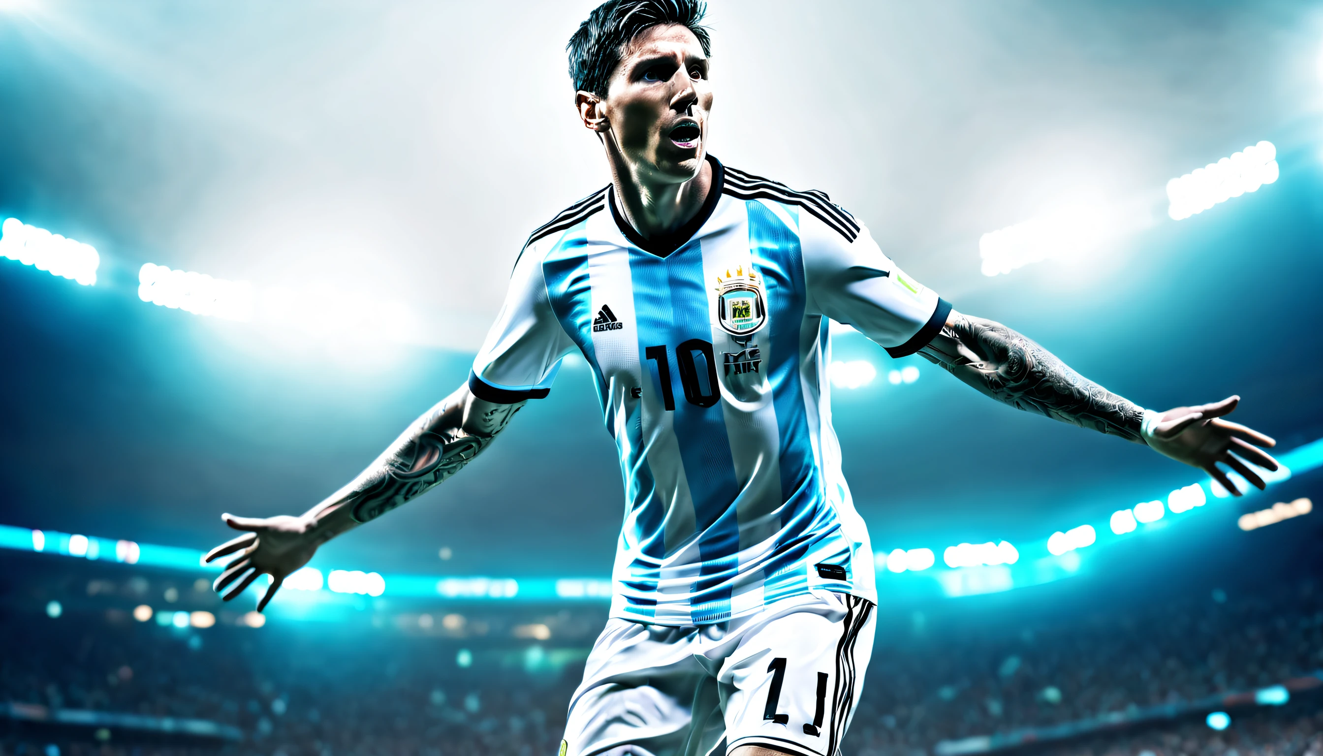 Messi playing soccer, Argentina jersey, bathed in a captivating glow of ethereal bioluminescence, Illuminate the scene with a seamless blend of realism and intricate details, Realism, ray tracing, best quality, highres, 16k