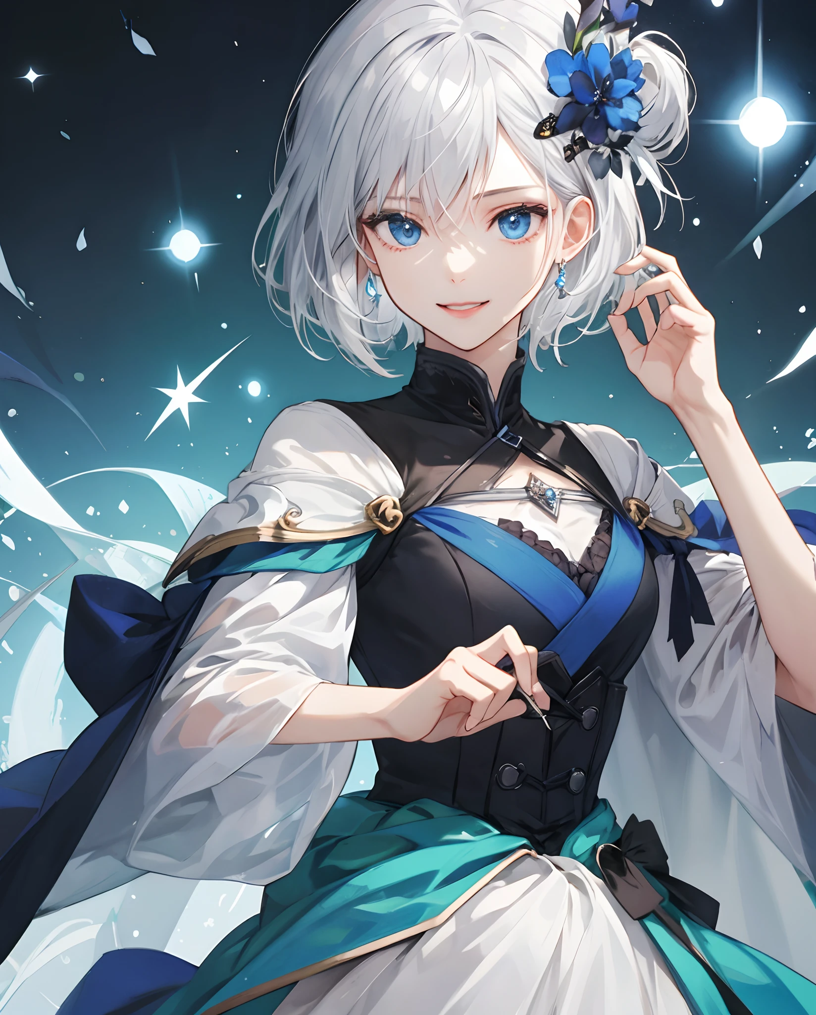 ​masterpiece、top-quality、超A high resolution、2D Beautiful Girl、animesque、teens girl、White hair、short-haired、Silver hair ornament、Beautiful dark blue eyes、The clothes are also depicted in detail、Eyes are depicted in detail、The face is depicted in detail、sorcerer、soio、Gentle smile、hair adornments、animesque、illustratio