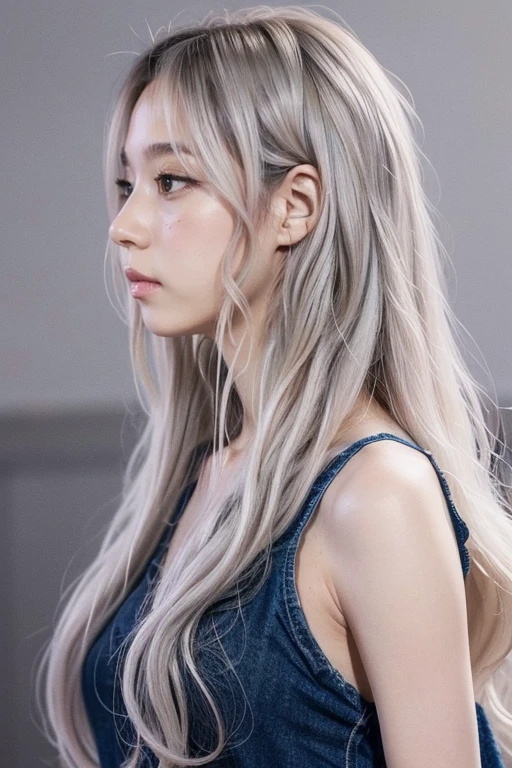 Watercolor painting huge filesize,colorful,wallpaper,(masterpiece,best quality,niji style),profile,1girl,disgust,jitome,contempt,((long hair)),light gray hair,wavy hair,(realistic:1.1),Olive gradient background,gradient background,. Vibrant,beautiful,painterly,detailed,textural,artistic,
