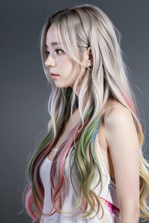 Watercolor painting huge filesize,colorful,wallpaper,(masterpiece,best quality,niji style),profile,1girl,disgust,jitome,contempt,((long hair)),light gray hair,wavy hair,(realistic:1.1),Olive gradient background,gradient background,. Vibrant,beautiful,painterly,detailed,textural,artistic,