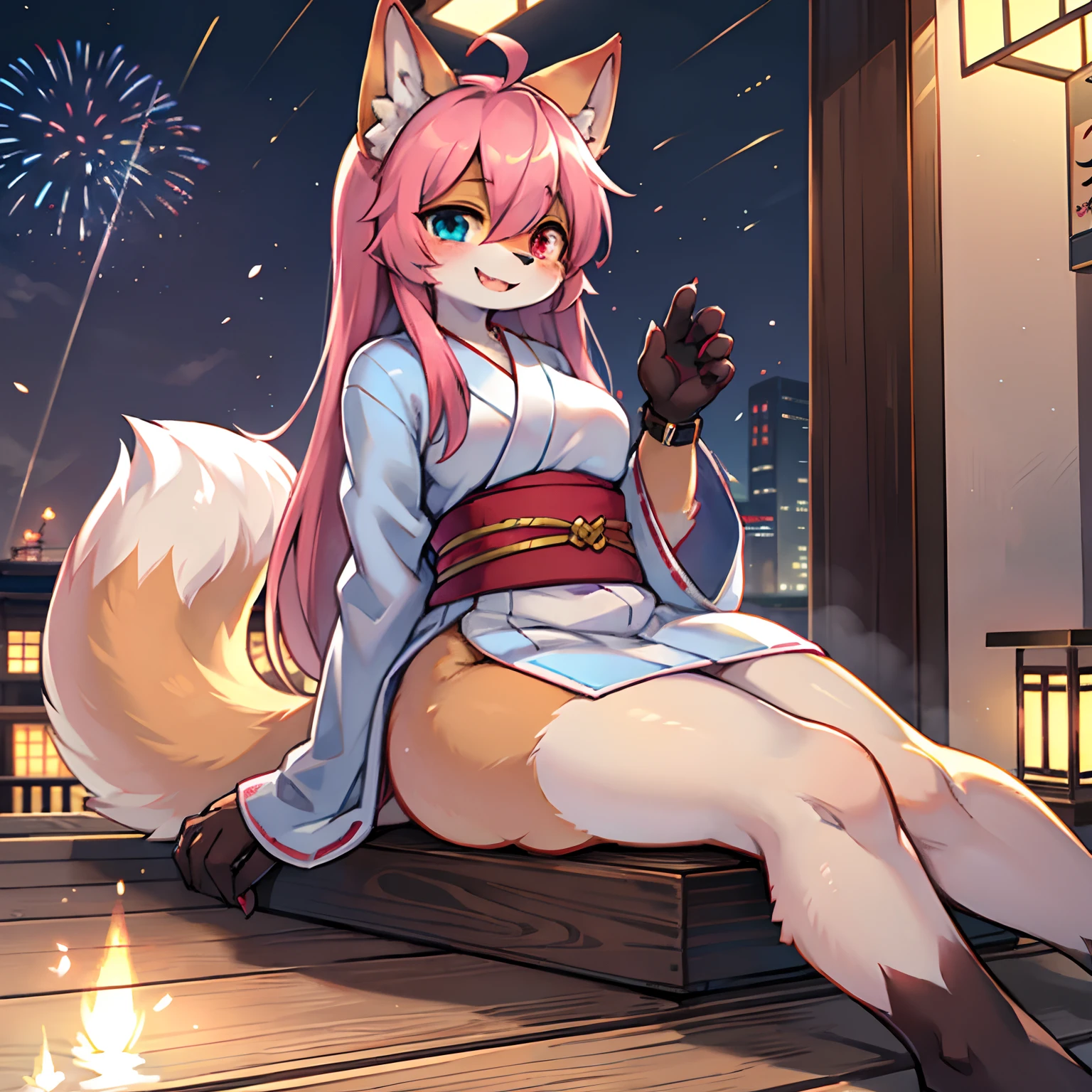 furry, Female furry, Full body, Kemono, The tail of a fox(Dark Pink), Fox's ears(Dark Pink), Dark pink skin, hair(long-haired, Hair is straight and fluffy.), pink hair, Heterochromia(One eye is red., One eye is blue.), red face, Big smile mouth, japan, shirt(white kimono), Watch the fireworks, front-view, Cherry trees,