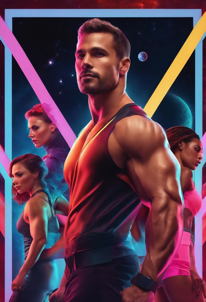 a man with muscles, and three fitness women in the background, arc of neon colors, in deep space, geometric icons sliding