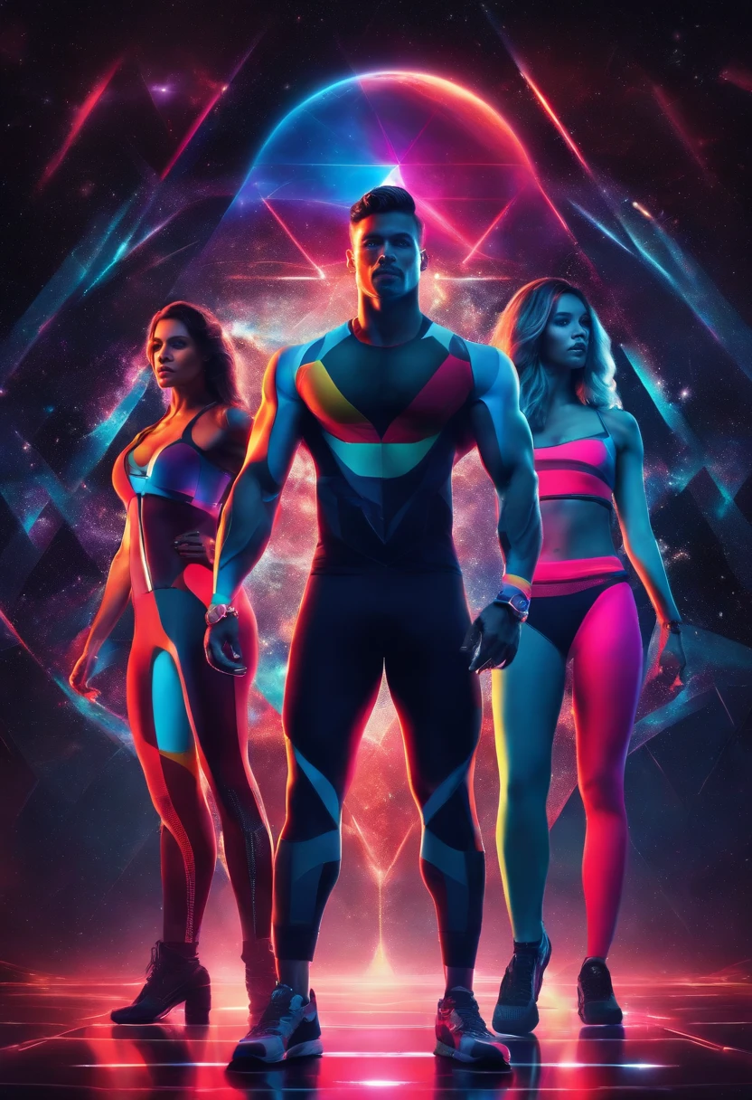 a man with muscles, and three fitness women in the background, arc of neon colors, in deep space, geometric icons sliding