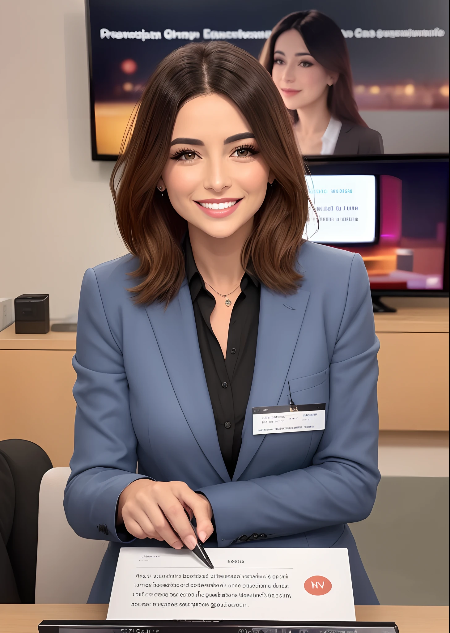 Mujer sin gafas, muy elegante, sonriendo presentando, una noticia en un escritorio, sentado frente a un estudio de tv
