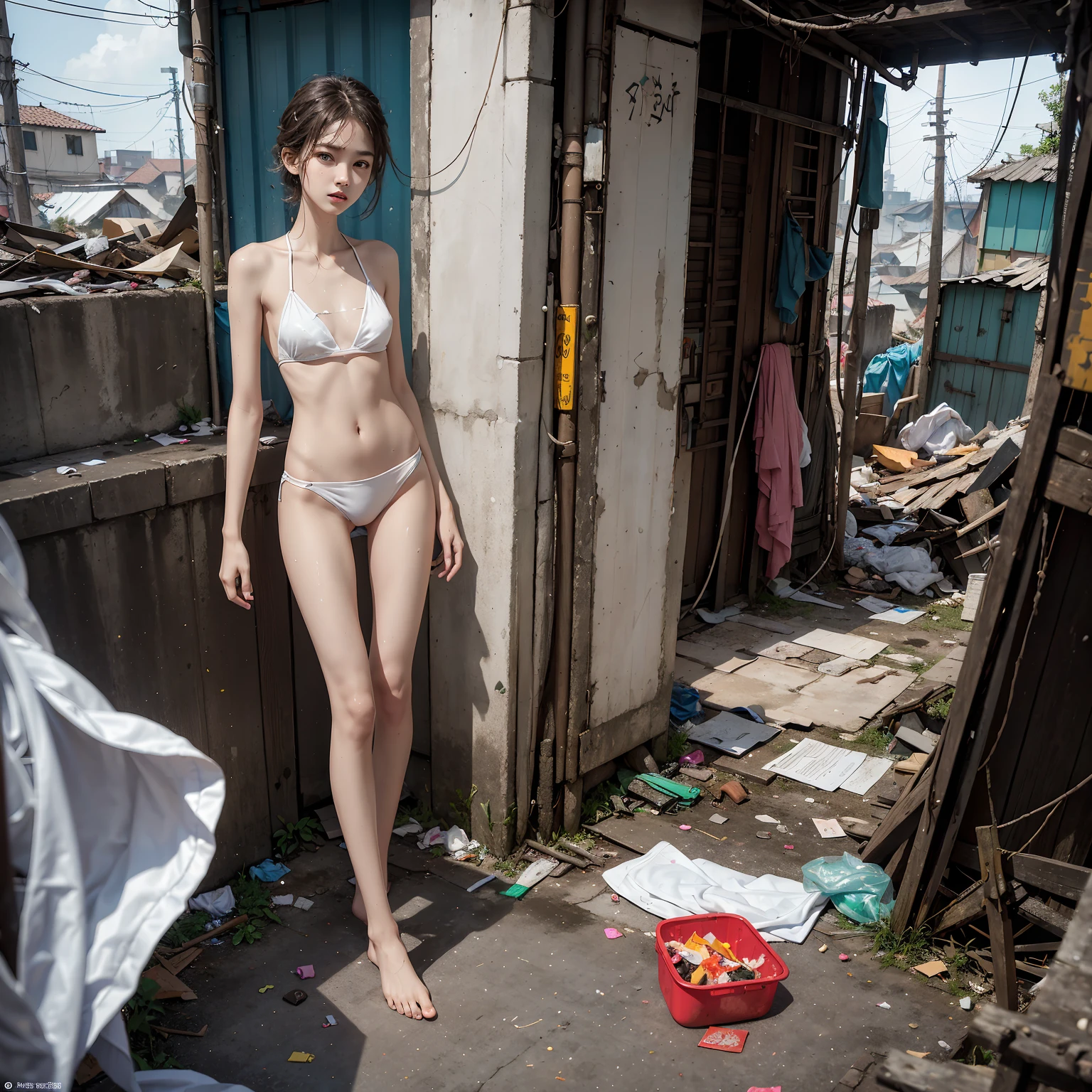 Slums, garbage heaps, many, many men, obscene, crowded, crowded, best quality, full body portrait (1:1), delicate face, 18 year old girl, slim and slender figure, skinny, smaller bust, white transparent bikini, looming, panties to crotch, barefoot, complete body and face,,, garbage, sweat, white viscous liquid