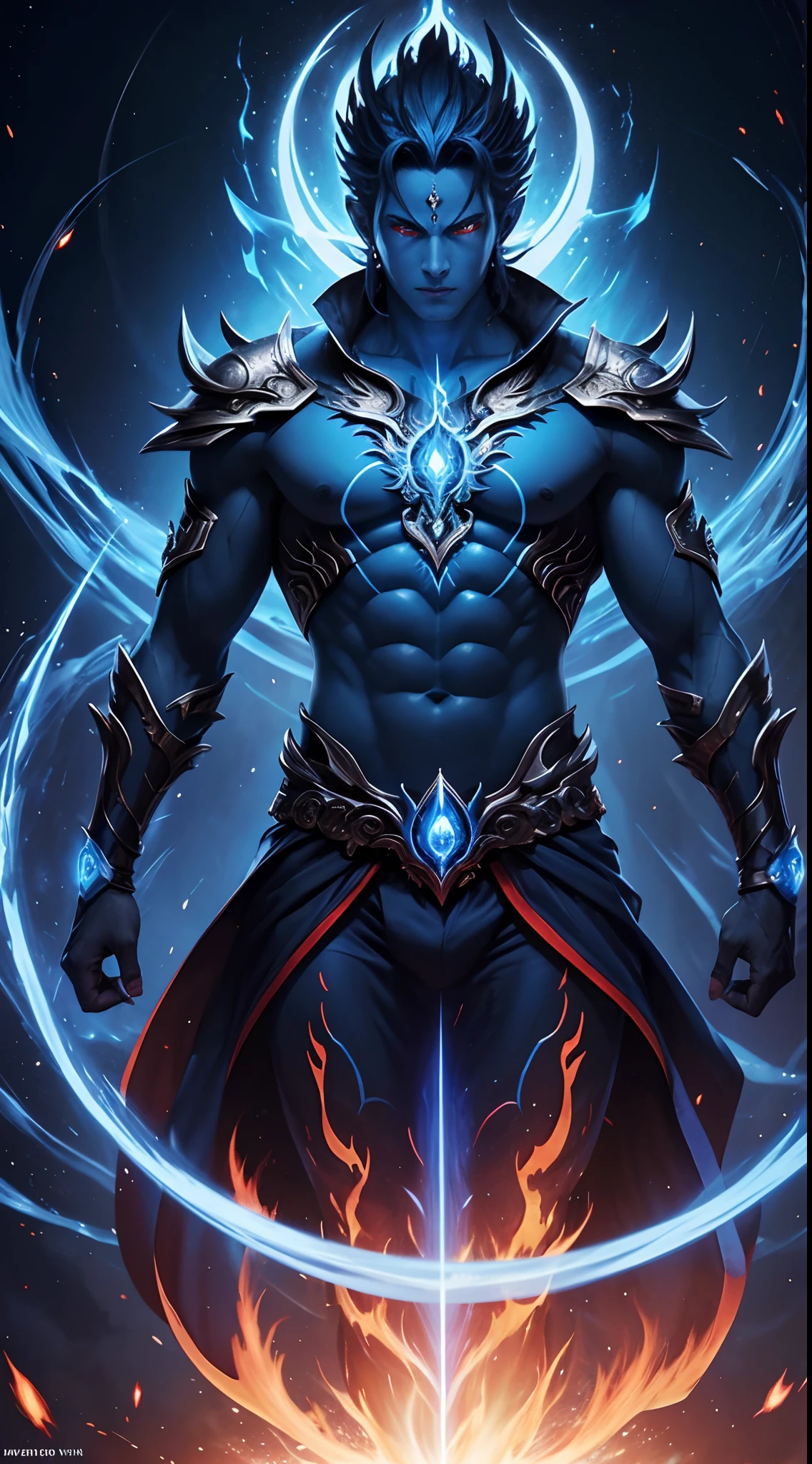Experience the awe-inspiring transformation of the Blue Vageta God as he unleashes his full potential, with stunning renderings of his fiery aura and piercing red eyes.