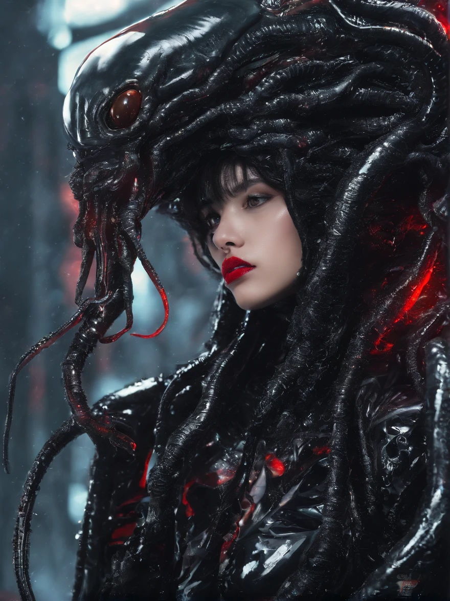 black long straight hair, (Young 19 yo teens, Chinese boy Du Juan), Be in good shape, sport, Petite, ((Full lips with red lipstick, Style eyeliner, mascara, eyeshadow makeup)), Sexy, ((Very large tentacles wrapped around him)) Emerges from a round black meteoroid covered in shiny slime,In a foggy landscape of volumetric alien tentacles