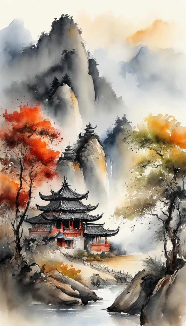 Chinese landscape painting，ink and watercolor painting，water ink，ink，Smudge，Faraway view，Ultra-wide viewing angle，Meticulous，Light boat in the distance，Faraway view，Meticulous，Smudge，low-saturation，Low contrast，The light boat has crossed the Ten Thousand Heavy Mountains，Beautifully depicted，A detailed，acurate，Works of masters，tmasterpiece，tigre