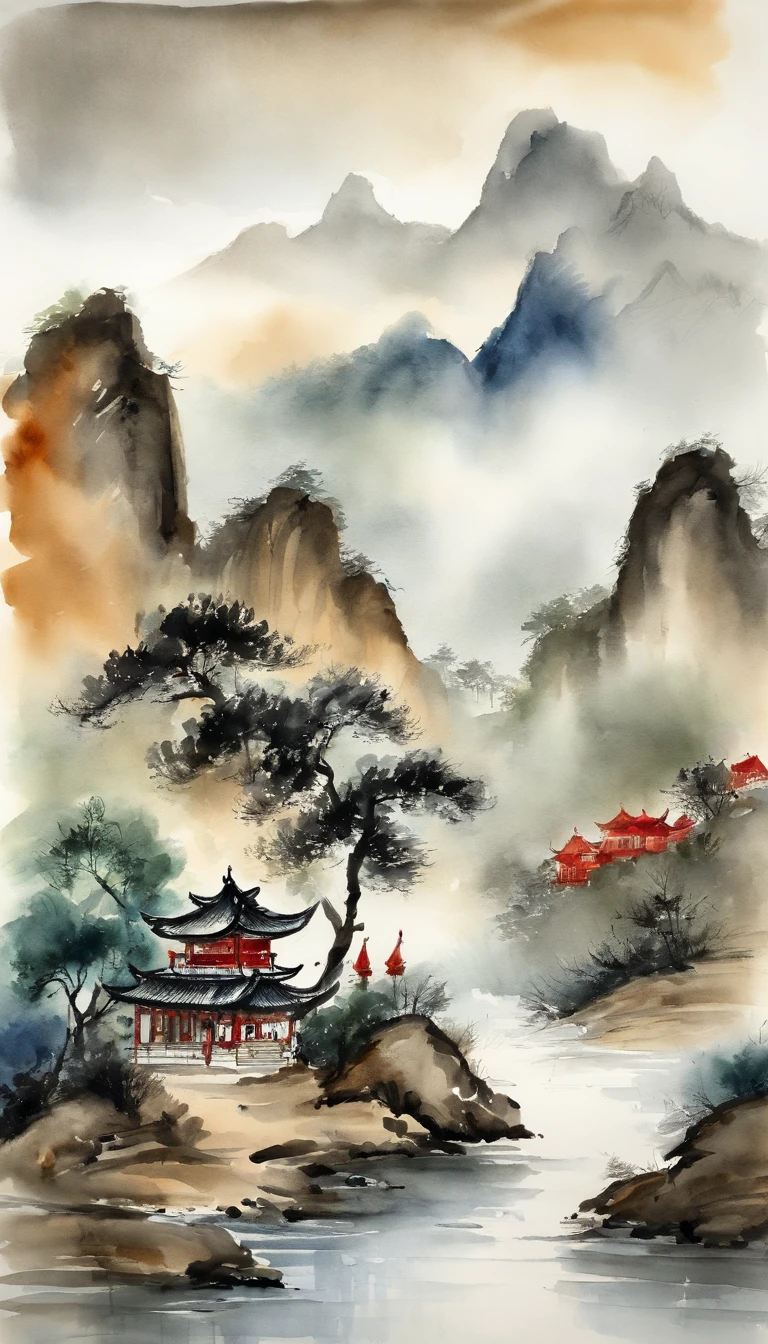 Chinese landscape painting,ink and watercolor painting