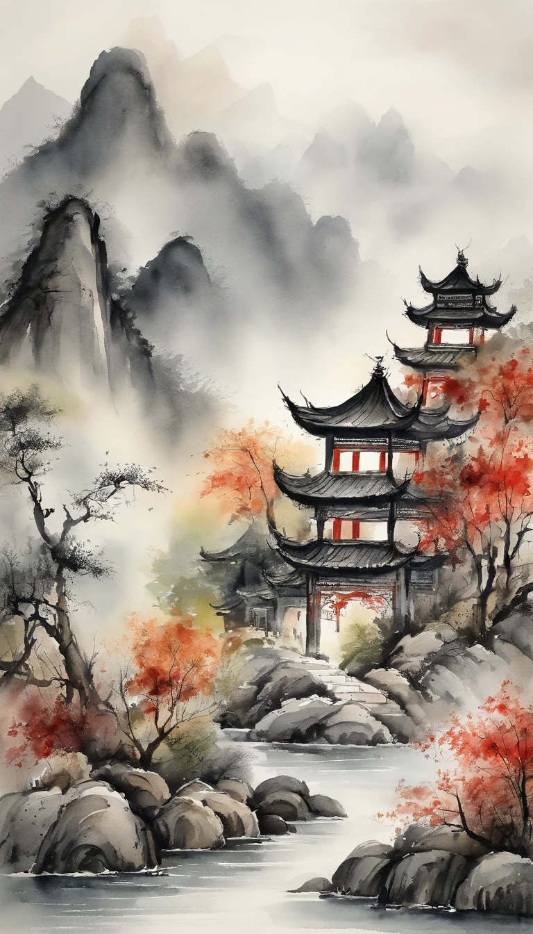 Quaint Han Dynasty style temple，Monks meditate in front of the temple（closeup cleavage），Meditate，zazen，A meditative（Chinese landscape painting），（ink and watercolor painting），（8k wallpaper），（light and shadow effect），rendering by octane，White balance design，Extremely detailed picture depiction，wide angles，depth of fields，tmasterpiece，realisticlying，Beautifully depicted，A detailed，acurate，Works of masters，tmasterpiece