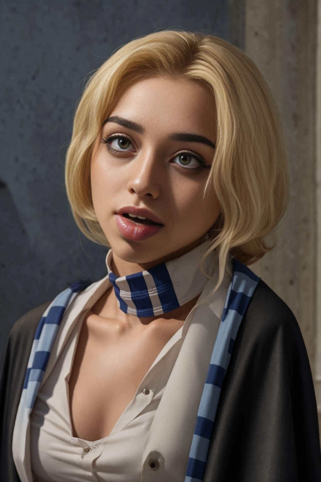 (far wide shot:1.5), 1girl, (solo:1.5), a beautiful picture of luna, wearing a uniform, (full figure:1.5), masterpiece, photorealistic, detailed, 4k, HDR, backlighting, bloom, light, RAW color photo, soft skin, blonde, detailed face, blue eyes, striped scarf, short pleated skirt, black robe, medieval, hogsks, (Ravenclaw:1.4), (ahegao:1.5), (ahg1:.5), (rolling eyes :1.5),