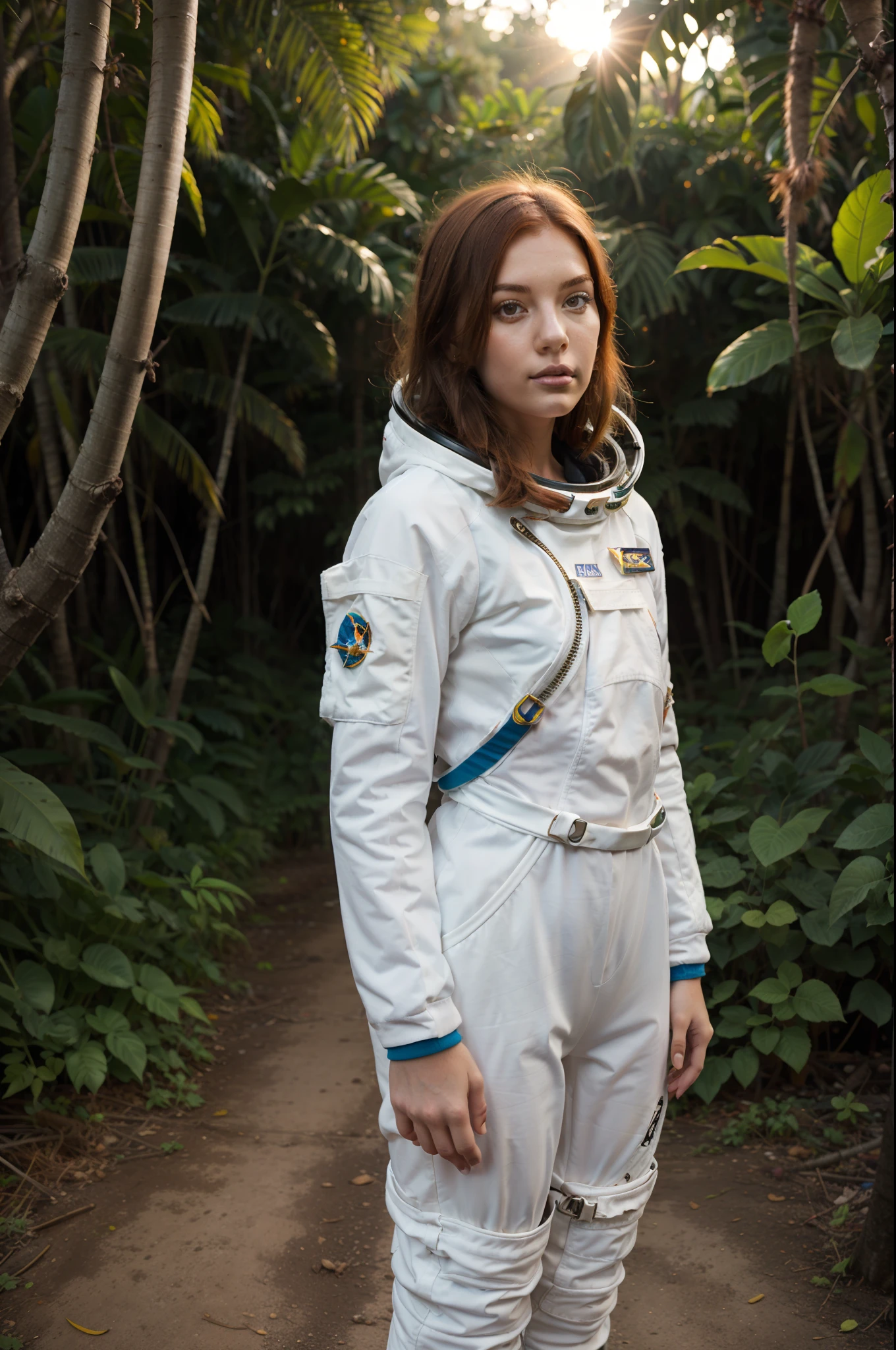 young woman space cadet, ginger hair, mid shot, very beautiful, detailed space suit, standing in tropical forest, sunset, peaceful atmosphere, vibrant, colorful
