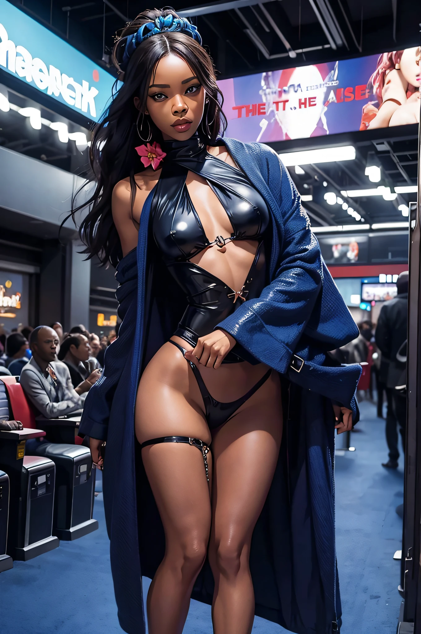 nsfw, bondage costume blue, sexy african girl, seduce, vibrant,  Movie theater