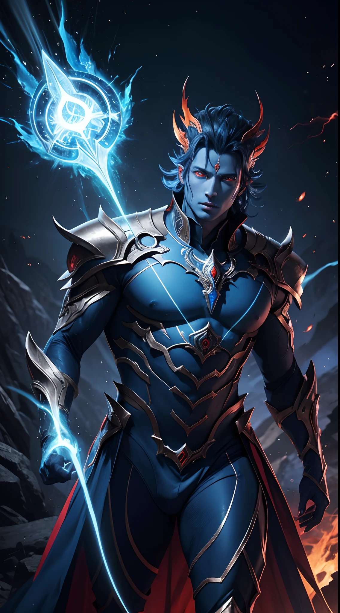 Experience the awe-inspiring transformation of the Blue Vageta God as he unleashes his full potential, with stunning renderings of his fiery aura and piercing red eyes.