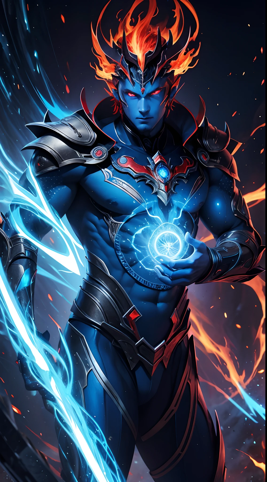 Experience the awe-inspiring transformation of the Blue Vageta God as he unleashes his full potential, with stunning renderings of his fiery aura and piercing red eyes.