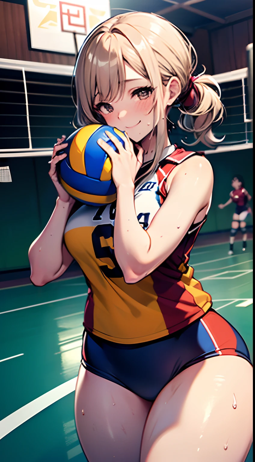 UHD, anatomically correct, 8k, ultra high res, (((masterpiece))), (((best quality))), (((ultra detailed))), (((high-resolution))), ((super fine illustration)), ((Ultimate cutie)), detailed beautiful face, shiny hair, potbelly, (curvy), medium breasts, (Thick thighs), solo, one girl, (gyaru), shiny hair, ((happy)), ((smile)), ((blush)),
BREAK, ((hold Beautiful spherical shape 6-inch volleyball between thighs)),
BREAK, (((buruma))), ((sleeveless volleyball uniform)), (knee pad), ((sweat)), (covered in sweat), (heavy breathing), sense of depth, in volleyball court, gymnasium, looking at viewers, cowboy shot