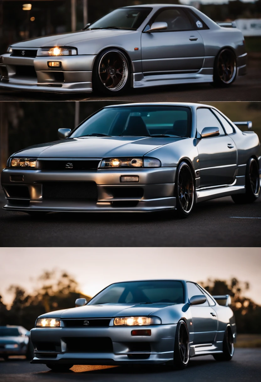 A 1999 Nissan Silver R33 lowered wide body,  car body molded as if it was in the movie Tron legacy