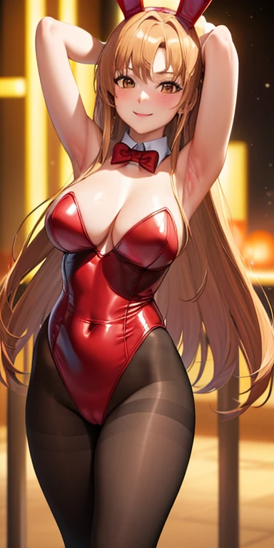(Close Shot, Best Quality:1.5, hight resolution, nffsw, 4K, Detailed Lighting, Shaders), Brown straight hair, medium breasts, athletic bodies, Slim body, breasts, bunnysuit, pantyhose, bowtie, Pose Seductive, Smiling, Standing, Casino background, asunayuuki, Brown eyes, hair braid,