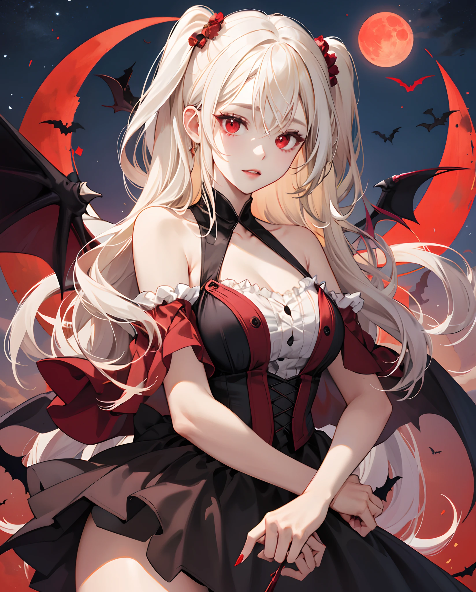 Bat girl with long red eyes with white hair、doress、Red Moon Blonde Girl One、red eyes、Vampire、doress、off shoulders、Red Moon、Midnight