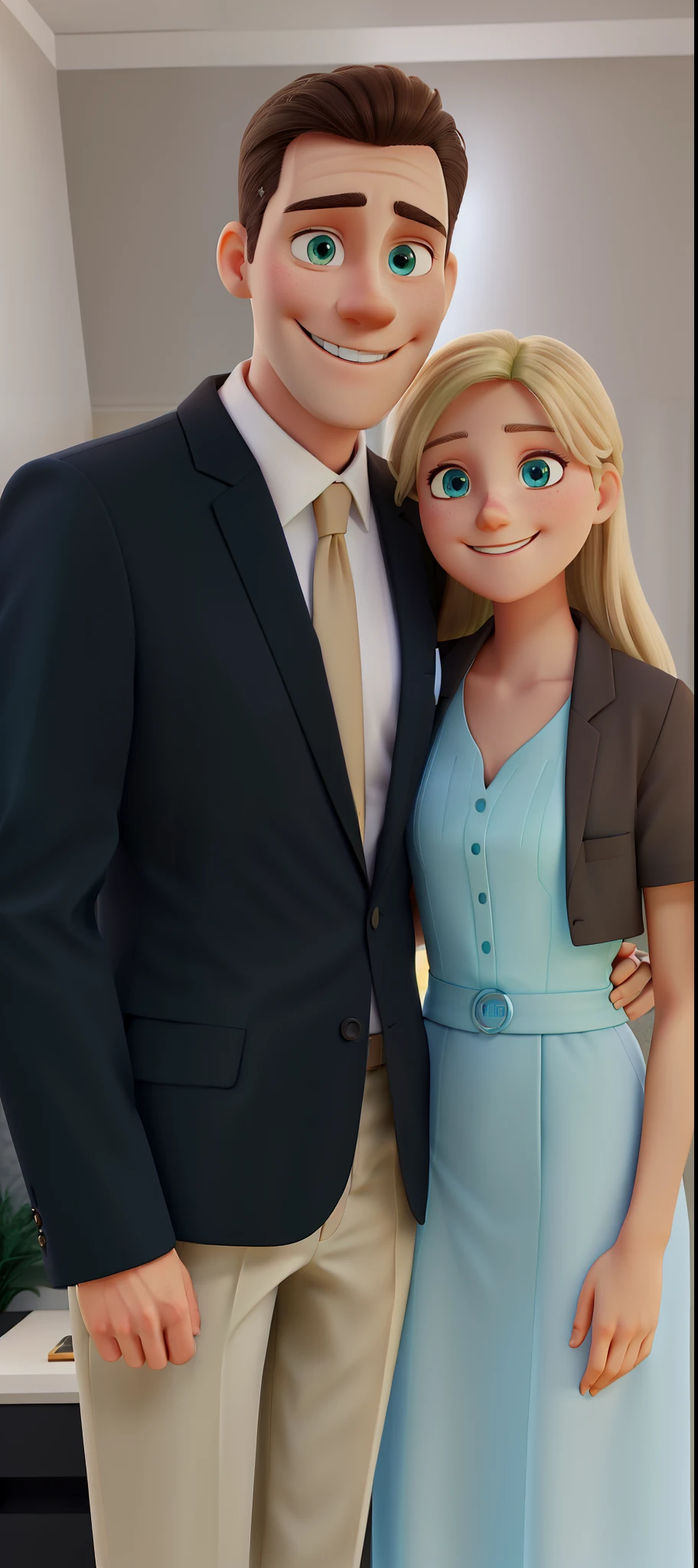 A tall, white, smiling man with dark brown eyes. He is wearing a black suit with a light blue tie and beige pants. Hugging him is a smiling blonde woman in a long light blue dress and green eyes.