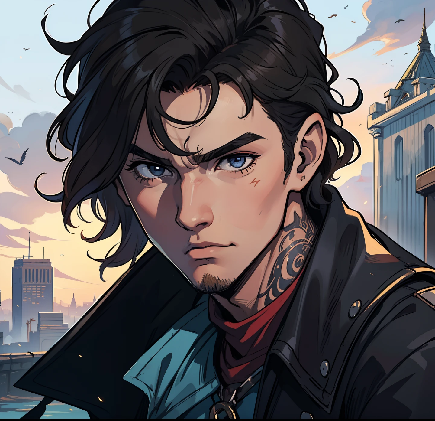 1 Homem lindo jovem Steampuk, Tattuagens, fundo cidade anoite, uma arte para um Jogo de rpg, Non-human art for an RPG ((perfect strokes)) ((cabelo detalhado))