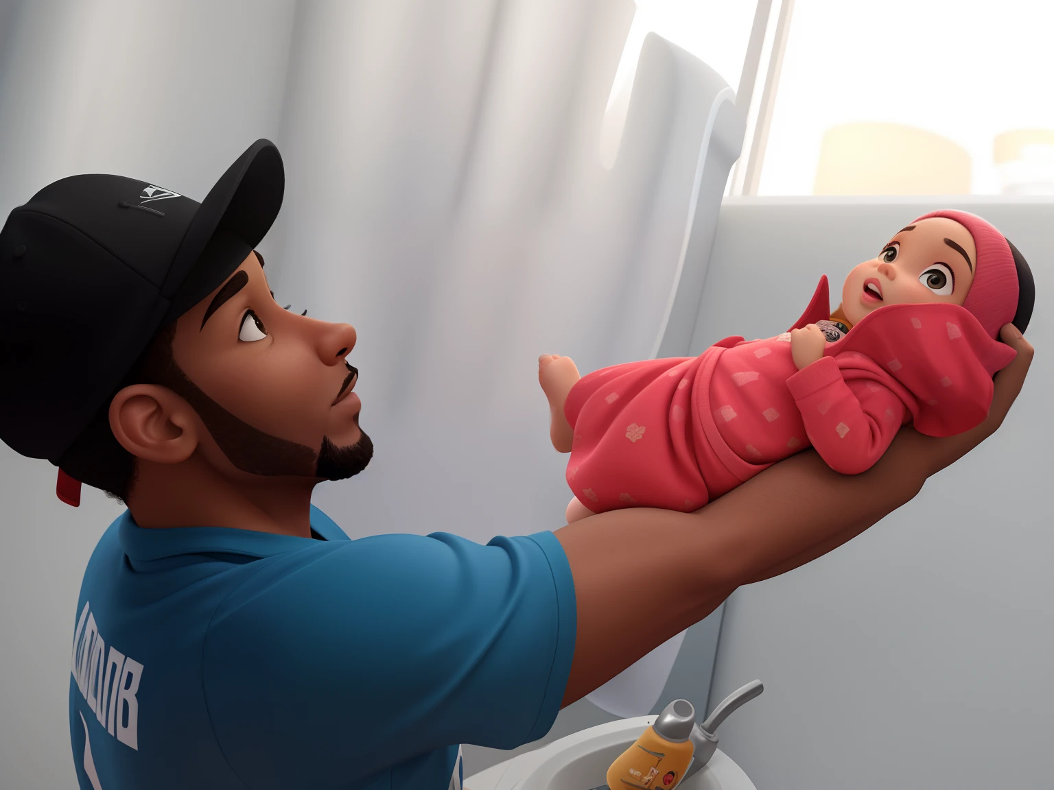 Pai e filha, A black man in a cap and goatee , Holding a white girl baby. Estilo mundo pixar, alta qualidade 3D. 4K Disney