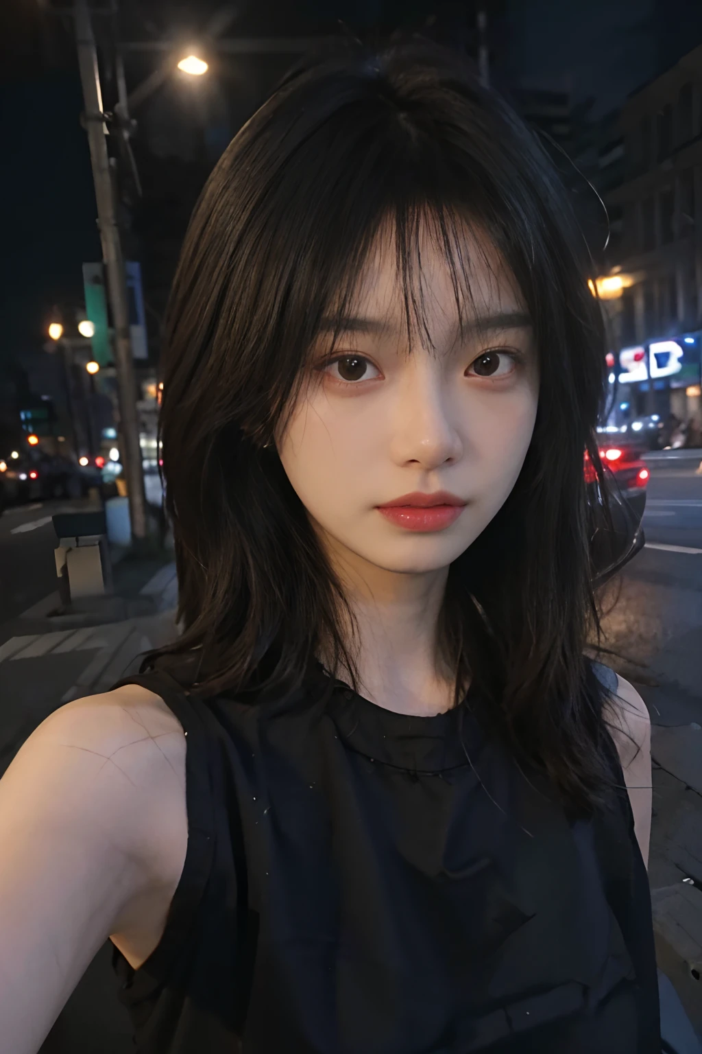 Best quality, masterpiece,..night,.city,..1girl,.(Authentic skin texture:1.3),.close-up,.face focus,.upper body,.selfie,..