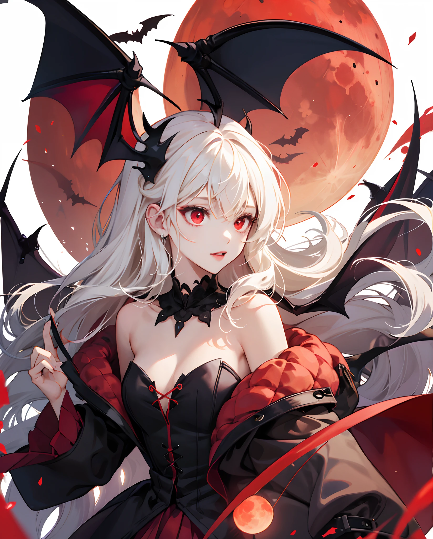 1girl, (female:1.2), mature, aged up, solo, red eyes, white hair, big breasts, glowing eyes, pointy ears, hair ornament, evil, seductive, attractive, smile, open mouth, tongue sticking out, wicked face, insidious, lace trim, (demon wings:1.2), demon horns, demon tail, tail wagging, tail ornament, spiked collar, ass visible through thighs, garter straps, lace-trimmed garter belt, girl on top, looking at the viewer, glowing runes red, demonictech