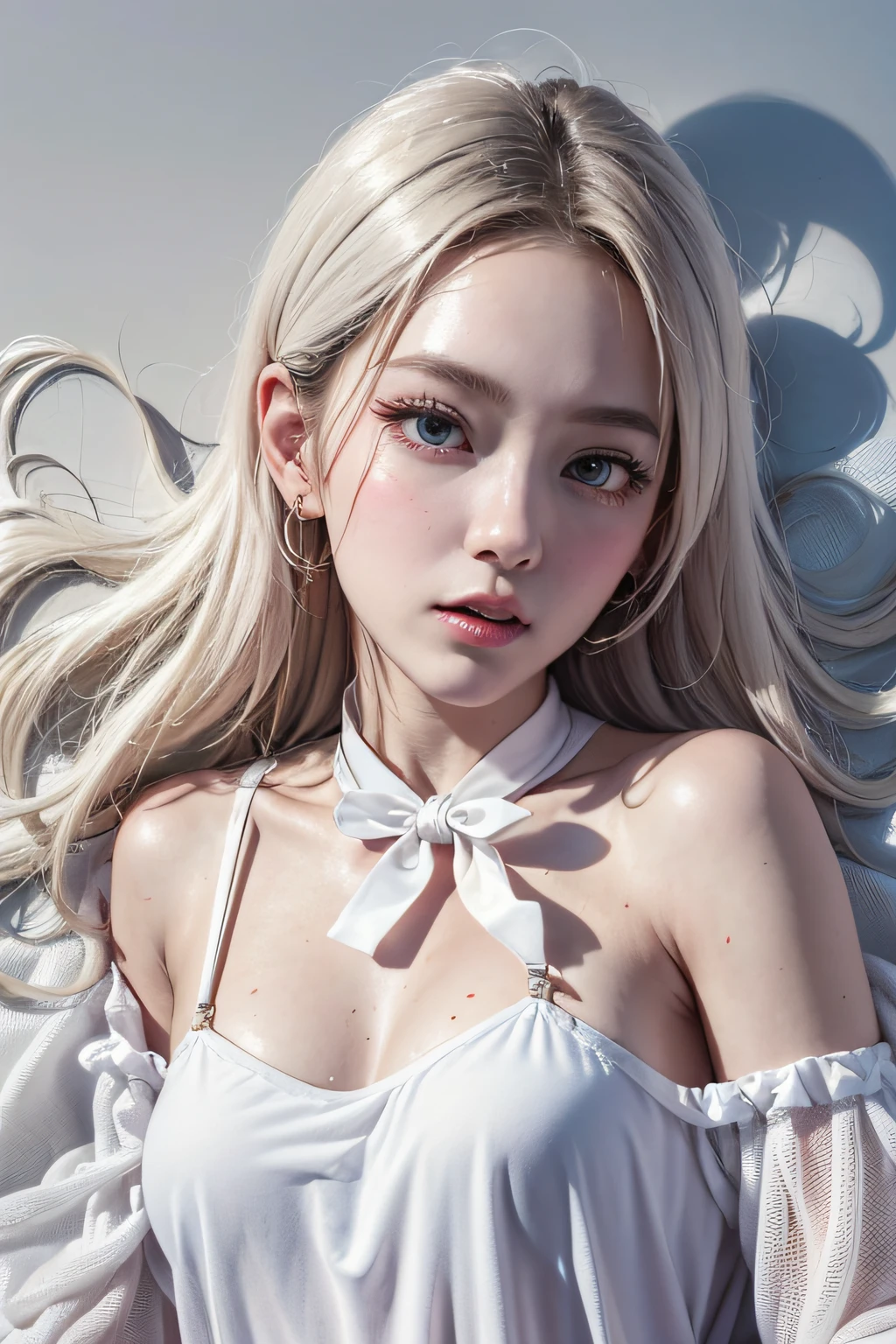 maidennurse、Bare-skinned maiden、Viscous clear liquid、(Lie face up)、Hands separated by chains、strife、((Off-shoulder translucent white blouse))、(Loose red color bow tie、neck tie)、((Translucent wet white panties))、Silver-white hair、(blue eyess)、(Full Body Angle)、