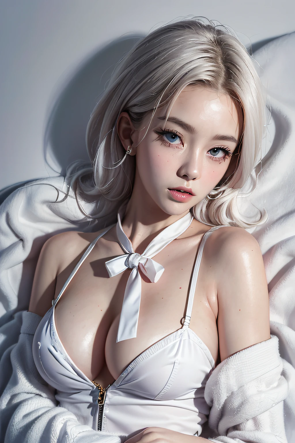 maidennurse、Bare-skinned maiden、Viscous clear liquid、(Lie face up)、Hands separated by chains、strife、((Off-shoulder translucent white blouse))、(Loose red color bow tie、neck tie)、((Translucent wet white panties))、Silver-white hair、(blue eyess)、(Full Body Angle)、