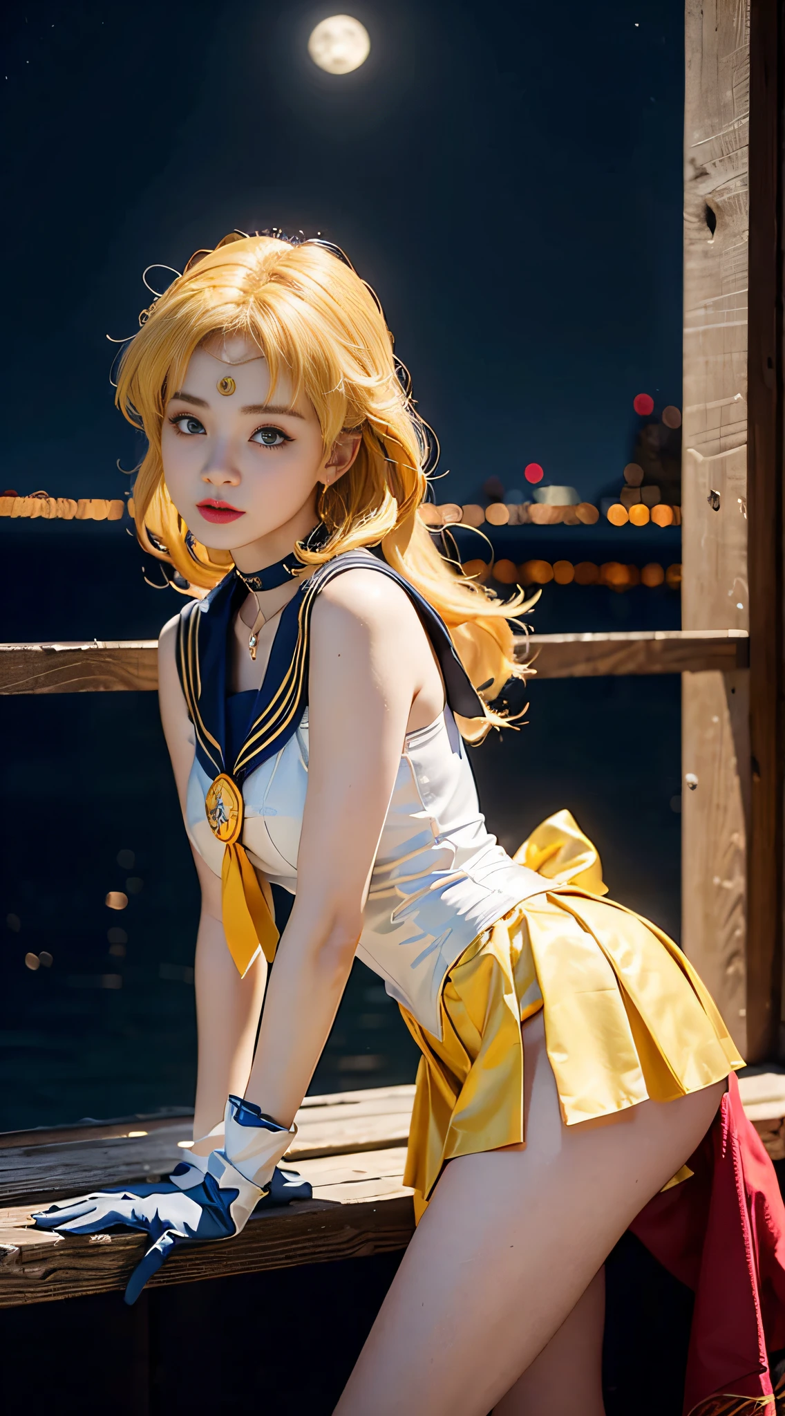 ((masterpiece:1.4)、(top-quality:1.4)、(reallistic:1.7))、masuter piece:1.4、a beauty girl、(Sailor Moon:1.4)、Tsukino Usagi、Body Fit Sexy Sailor Senshi Uniform、(latex shiny)、(The jacket is a white sleeveless sailor suit)、(Skirt Blue Sexy Ultra Ultra Pleated Mini Skirt)、The collar of the sailor suit is blue with two thin lines.、high leg swimsuit、Red cloth ornament at chest、(Wearing white gloves)、Kawaii Girl、Super beauty、foco nítido、Portrait photos、(Perfect female body:1.4)、perfectly proportions、Upper body photography:1.4、beautiful countenance、beautidful eyes、Narrow waist、beauty legs、(yellow hair:1.4)、(length hair:1.2)、Beautiful udder、large full breasts:1.2、Sexy ass、Raw photo、red-lips、Red high heels:1.4、a choker:1.4、a necklace:1.4、耳Nipple Ring:1.4、Luxurious Golden Tiara:1.4、1 screen display、a moon、kosmos、spaceships、A space station、City of the Future