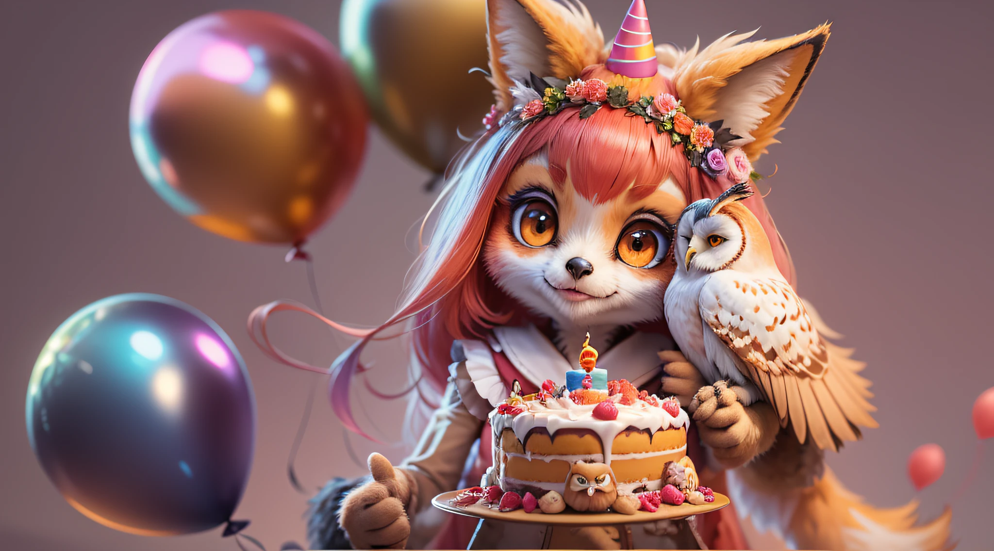 fox girl + Owl Girl, celebrate a birthday, Beautiful layered cake, Shompanskoe, Balloons, in elegant clothes, Masterpiece, hiquality, 4k, 8k, full HD, Furry, hyper realisitc, ultradetail