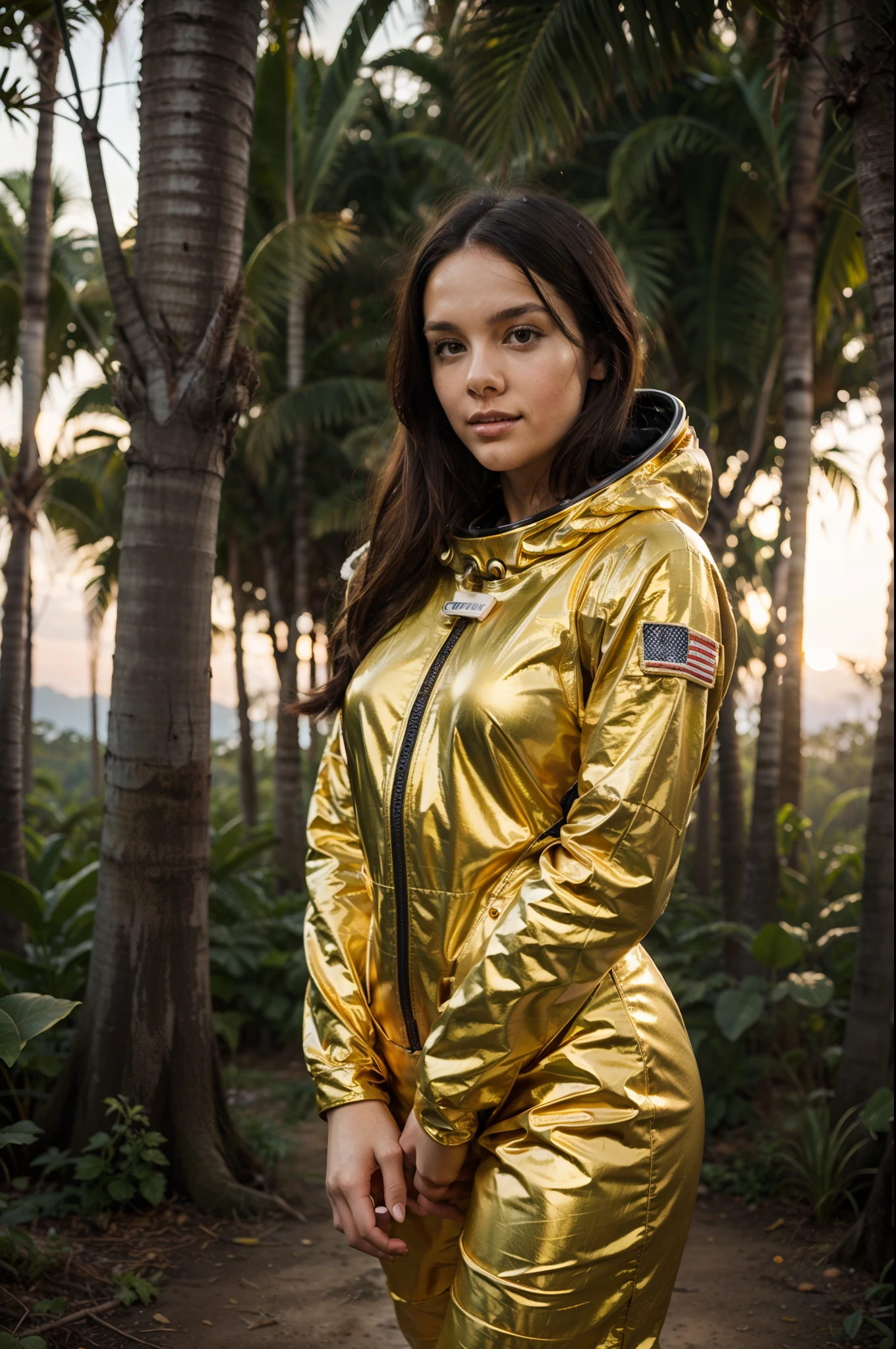 young woman space cadet named Anne-Marie Alto, mid shot, very beautiful, detailed golden space suit, standing in tropical forest, sunset, peaceful atmosphere, vibrant, colorful