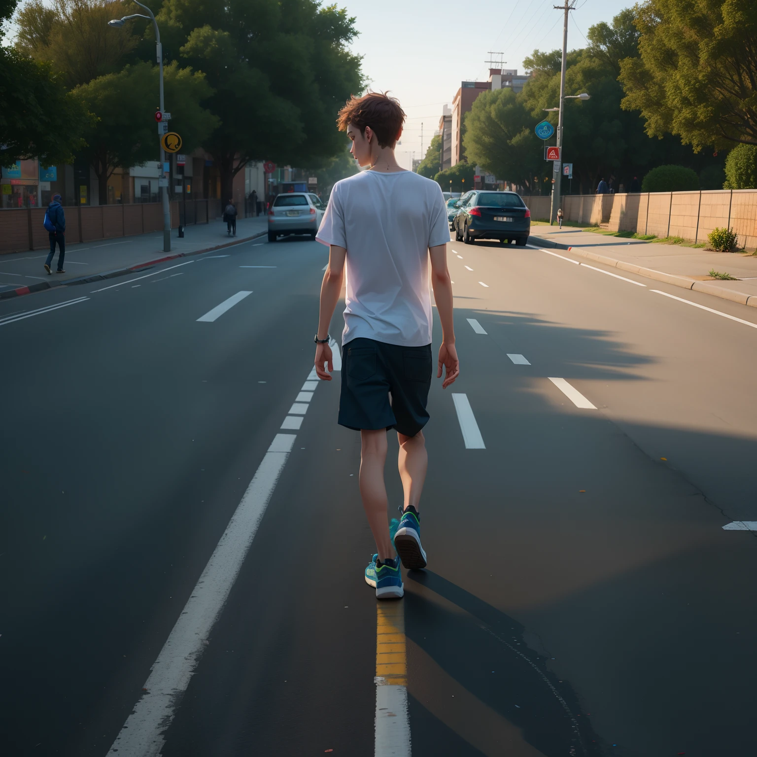 There was a boy walking down the street with a skateboard, Walking on the street, man walking, which stands on the street, walking at street, Standing on the street, which stands on the street, standing in road, man walking through city, young man with short, which stands on the street, walking away from the camera, far away from camera, Lonely human walking at night