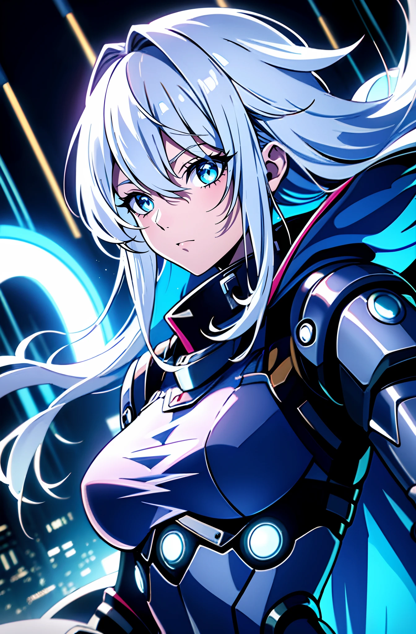 1 girl, white hair, blue eyes, blue eyes, cyber punk, robotic, Cape, katana neon