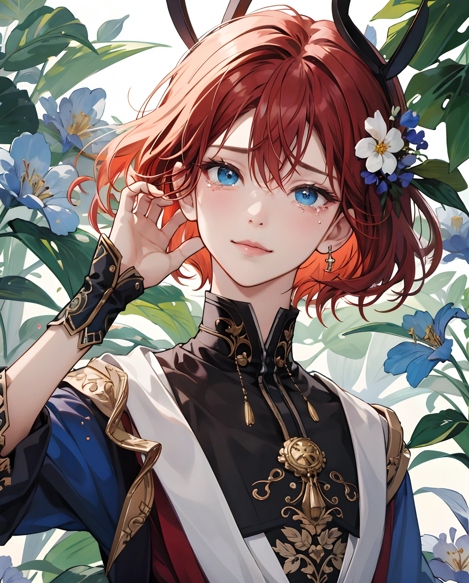 masterpiece、top-quality、超A high resolution、2D Beautiful Girl、animesque、s girl、Red hair、short-haired、Floral hair ornament、Beautiful blue eyes、The clothes are also depicted in detail、Eyes are depicted in detail、The face is depicted in detail、sorcerer、soio、Sad smile、tears、hair adornments、animesque、illustratio